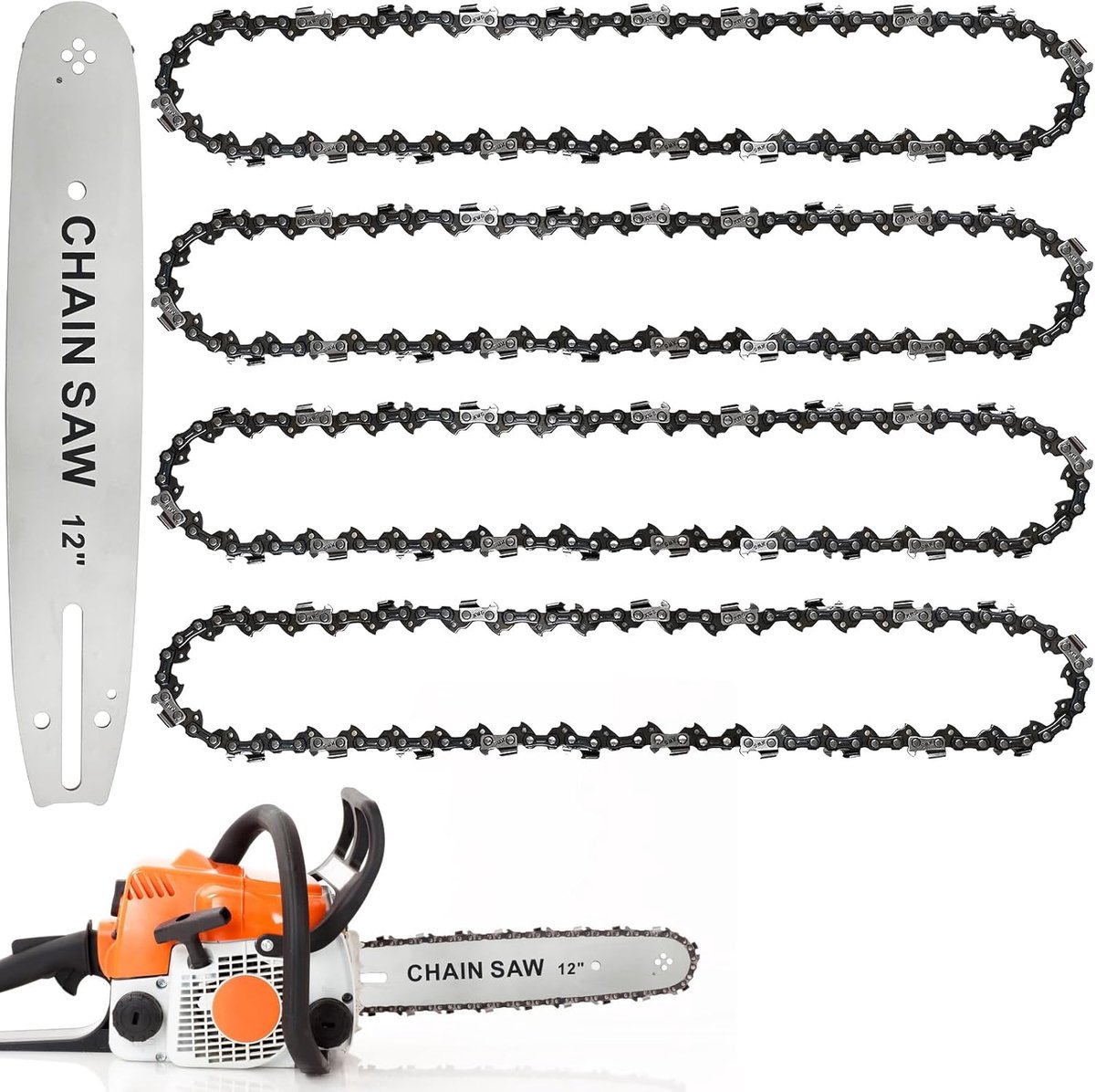 SnelShoppen - 4x 12 Inch Kettingzaagkettingen + 12 Inch Zaagblad - Mini Vervangingskettingen, 3/8" LP, 0.05" Dikte, 45 Aandrijflinks voor Tuin en Hout