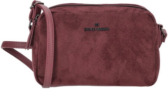 Bordeauxrode suède crossbodytas met ritsvak en logo.