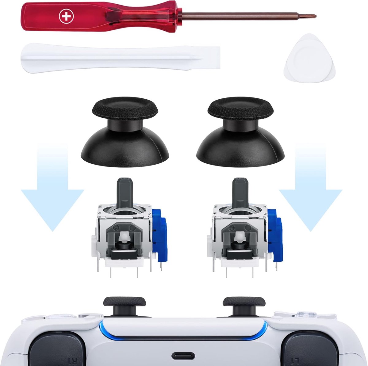SnelShoppen - Joystick Reparatiekit voor PS5 Controller - 2 TMR Analoge Joysticks met Dopjes, Schroevendraaier en Gereedschap voor Snelle Respons en B