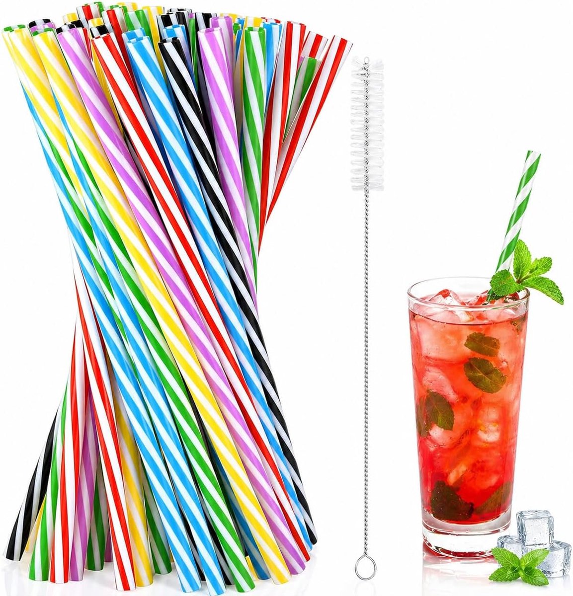 SnelShoppen - 60 Stuks Herbruikbare Plastic Rietjes met Schoonmaakborstel - 23cm Lang, 0.28 Inch Diameter, Perfect voor Cocktails, Sap en Warme Dranke