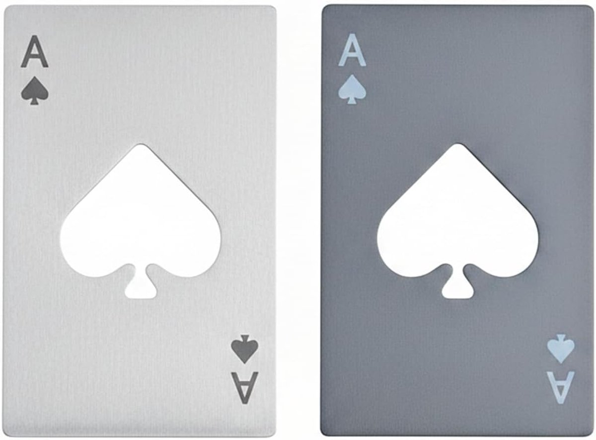 SnelShoppen - 2 stuks roestvrijstalen flesopener, creditcardformaat, pokervorm, grappige kroonkurkopener voor mannen, zilver en zwart, ideaal voor fee