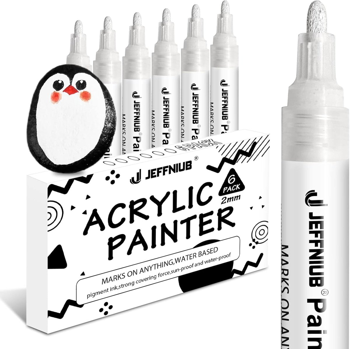 SnelShoppen - Set van 6 Witte Acrylstiften - Dikke Punt - Watervaste Markers voor Hout, Metaal, Glas, Textiel, Steen, Zwart Papier - Perfect voor DIY