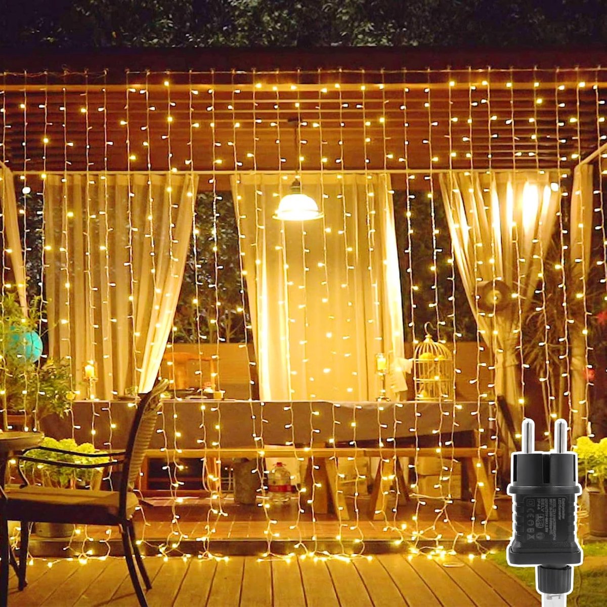 SnelShoppen - 3 x 2 m LED Verlichting Gordijn met 200 Warmwitte Lichten, 8 Modi, Ideaal voor Feest, Bruiloft, Kerstdecoratie, Balkon en Wandversiering