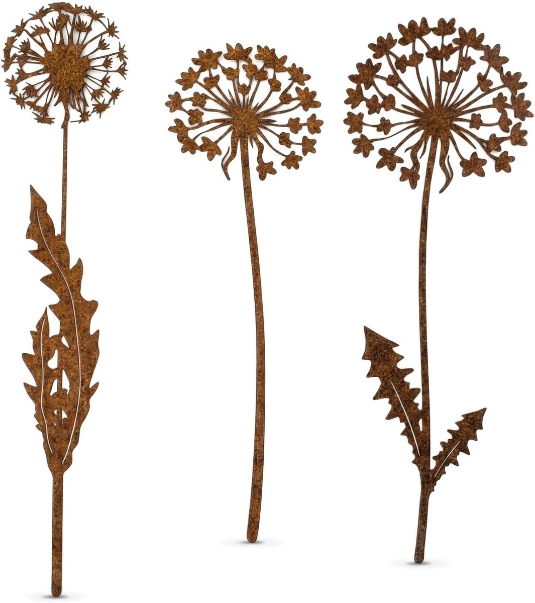 SnelShoppen - Tuindecoratie Paardenbloem 3 Stuks - Weerbestendig Metaal - Roest Look - Decoratieve Lentebloemstekers voor Tuin en Terras