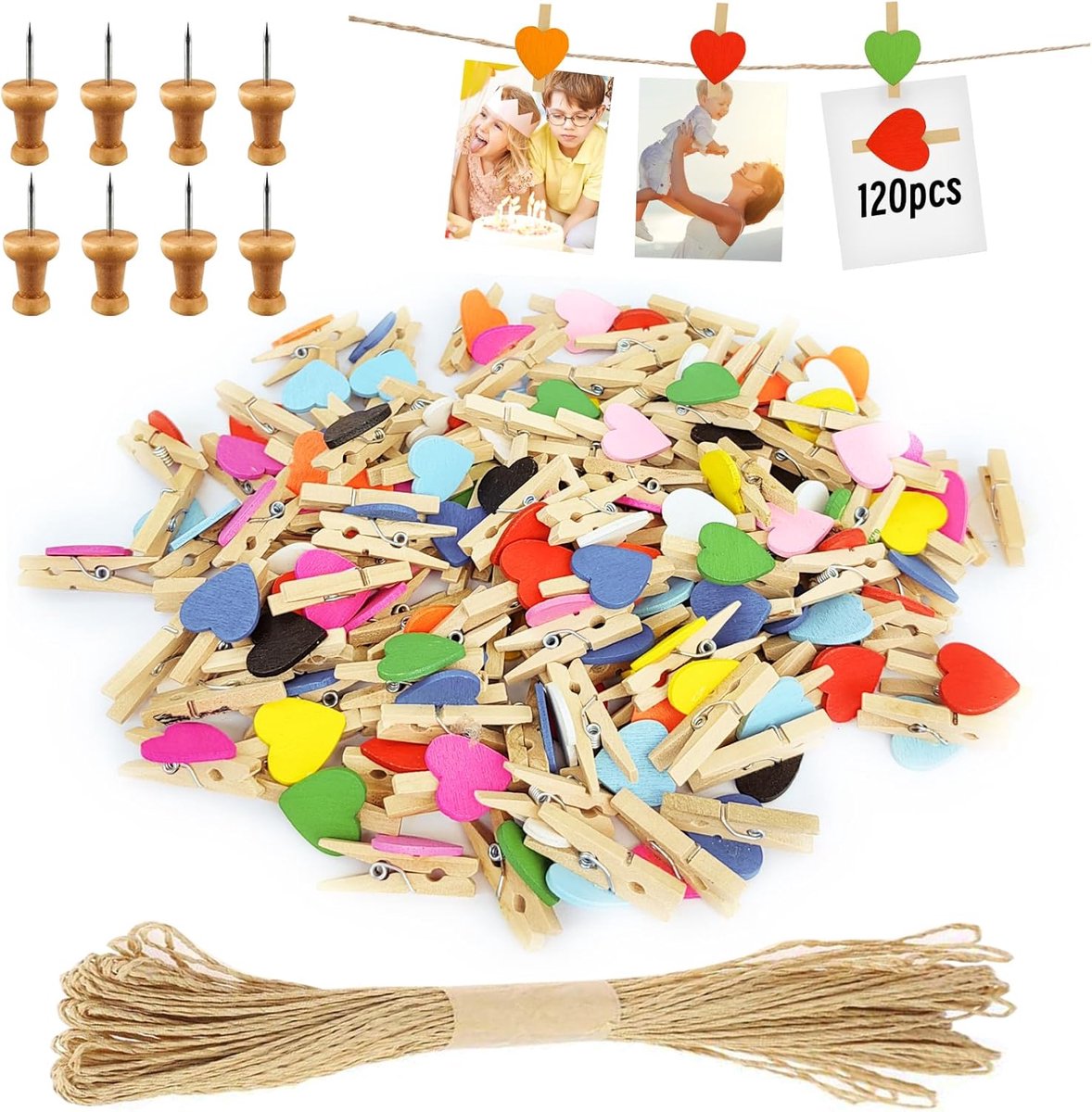 SnelShoppen - 120PCS Mini Houten Klemmen Hartvorm, Kleine Wasknijpers voor Foto's, 10M Jute Touw, Perfect voor Bruiloft, DIY Foto Wand, Feestdecoratie