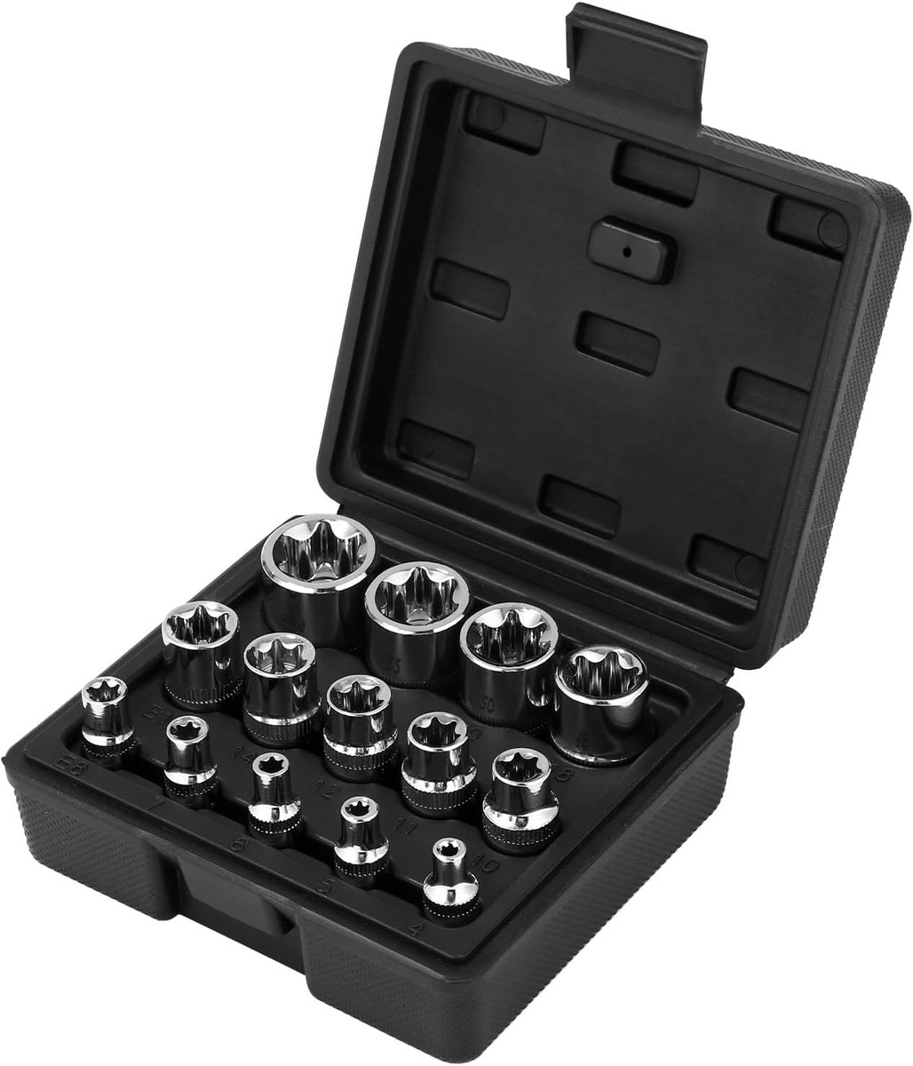 SnelShoppen - 14-delige Torx steeksleutelset, E-profiel socket set, chrome vanadium staal, 1/4 inch, 3/8 inch, 1/2 inch, voor precisiewerk en reparati