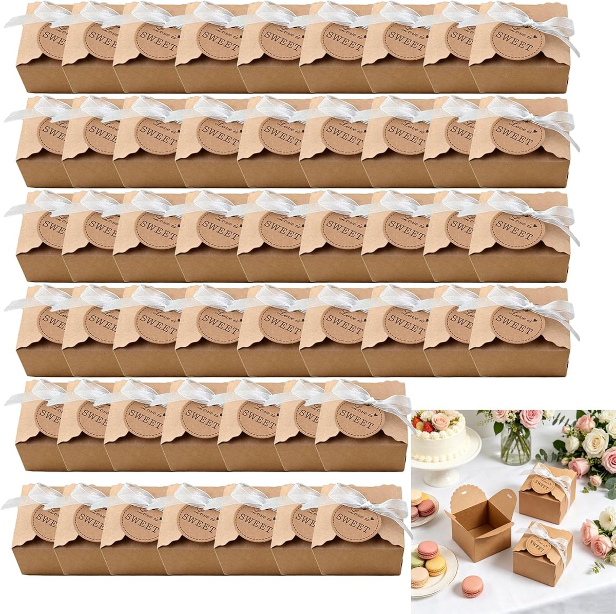 SnelShoppen - 50 Stuks Kraft Papier Cadeau Dozen met Chiffon Garens voor Cadeau Verpakking, Verjaardagsfeest, Festival Geschenken, Retro Design, Makke