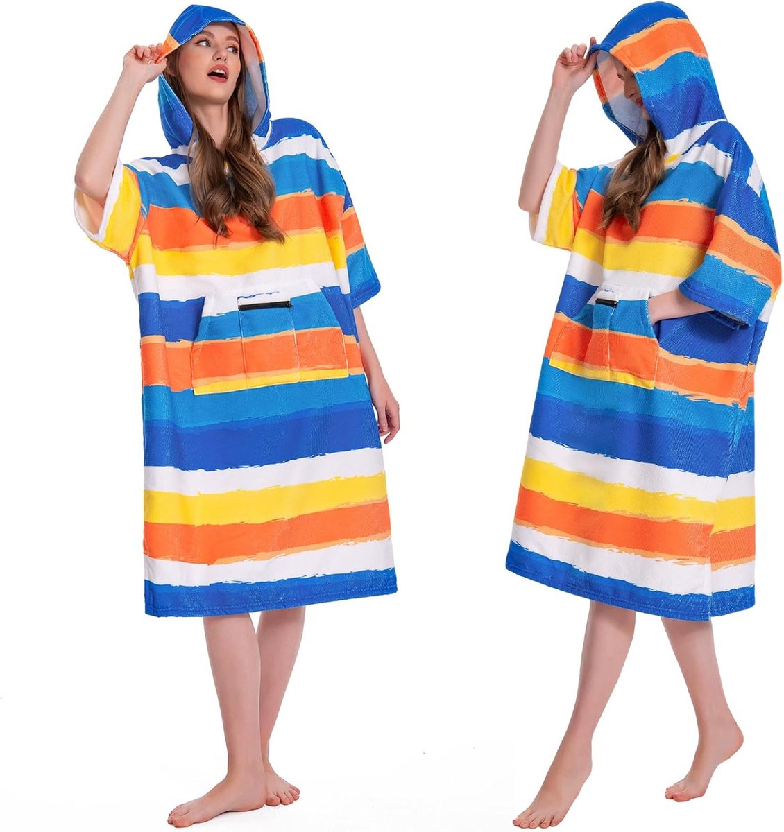 SnelShoppen - Changing Bathrobe Towel Poncho - Oversized Soft Absorbent Quick Dry Surf Poncho met Kap en Zak - Striped voor Dames en Heren - Ideaal vo