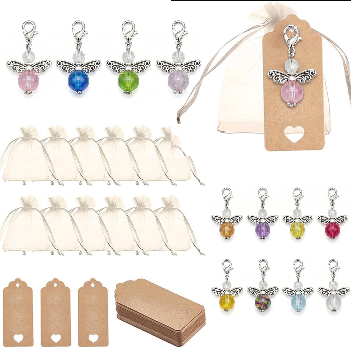 SnelShoppen - Set van 12 Engel Sleutelhangers met Organza Zakjes, Bedankjes voor Bruiloft, Verjaardag, Feest, Doop - Duurzaam en Kwaliteitsvol Geschen
