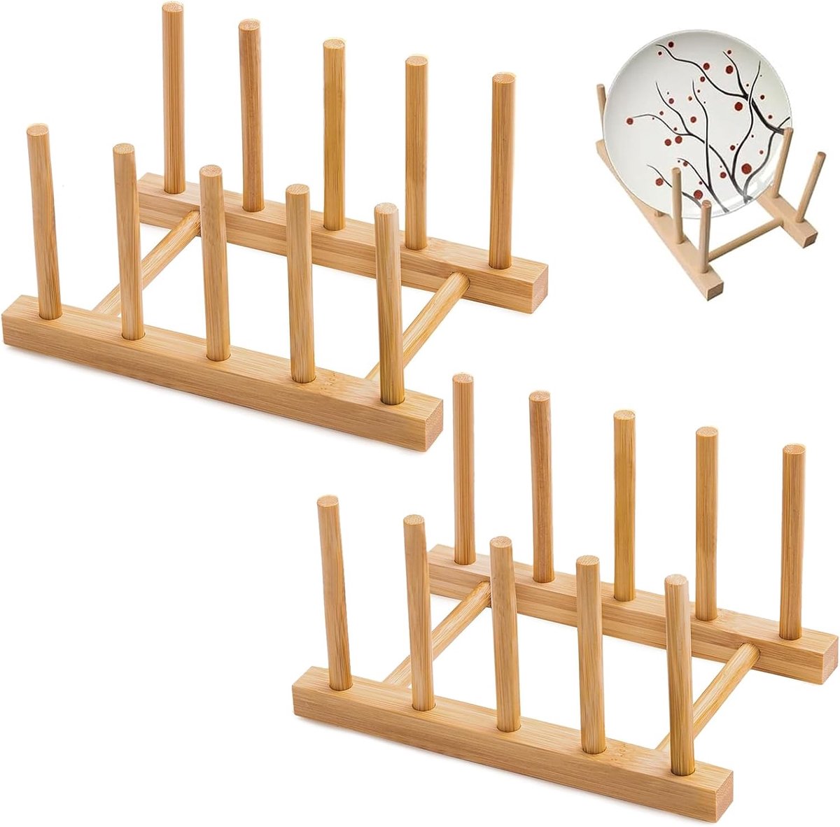 SnelShoppen - Bordenstandaard Hout Afdruiprek 4 Vakken Potdekselhouder Boekenstandaard Kastorganizer Keuken Organizer