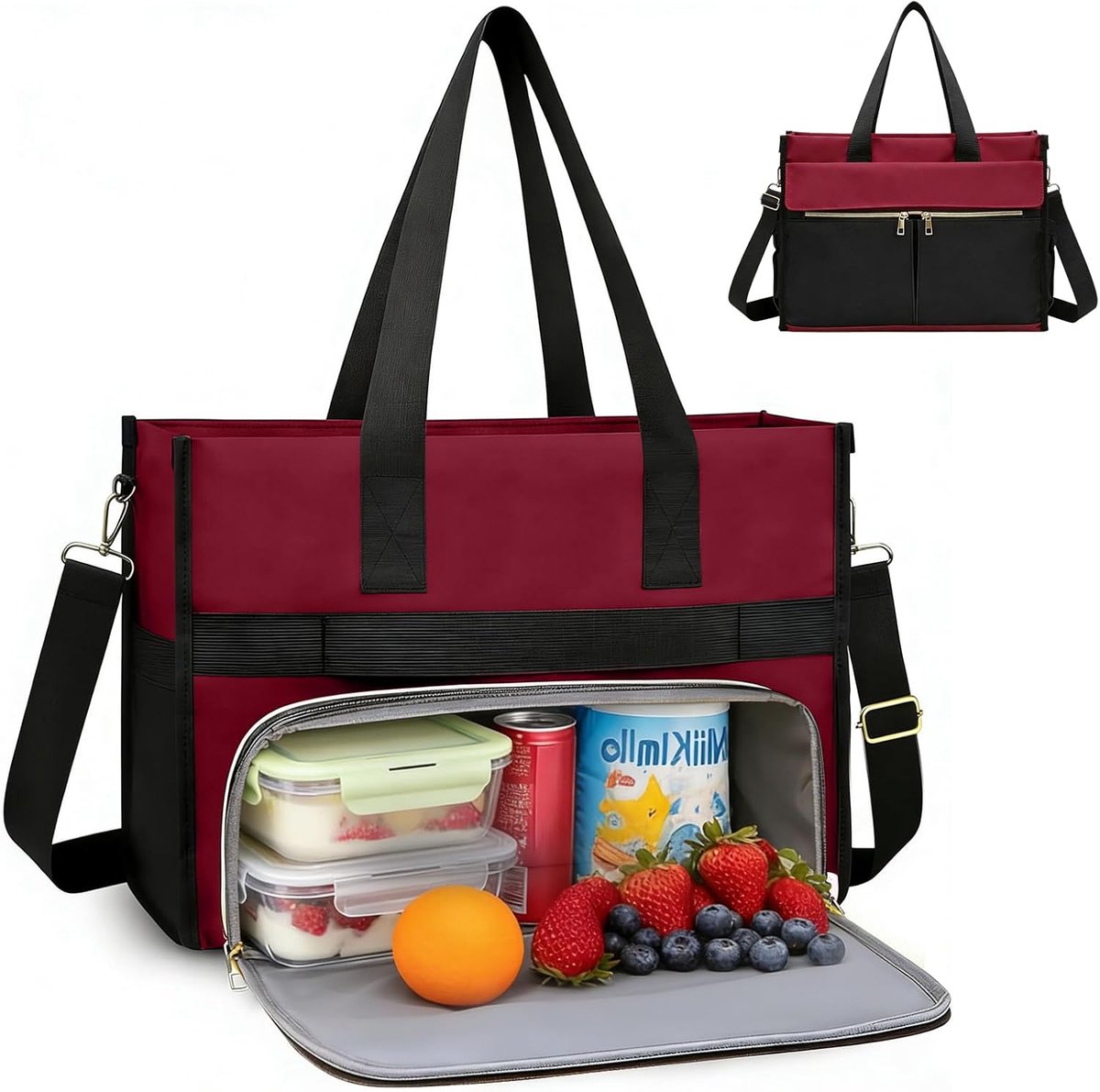 SnelShoppen - Lunch Tote Bag voor Vrouwen, 2-in-1 Grote Lunch Tas, Handtas, Laptop Tas met Lunch Compartment, Ruime Computer Bag voor Werk, Kantoor, S