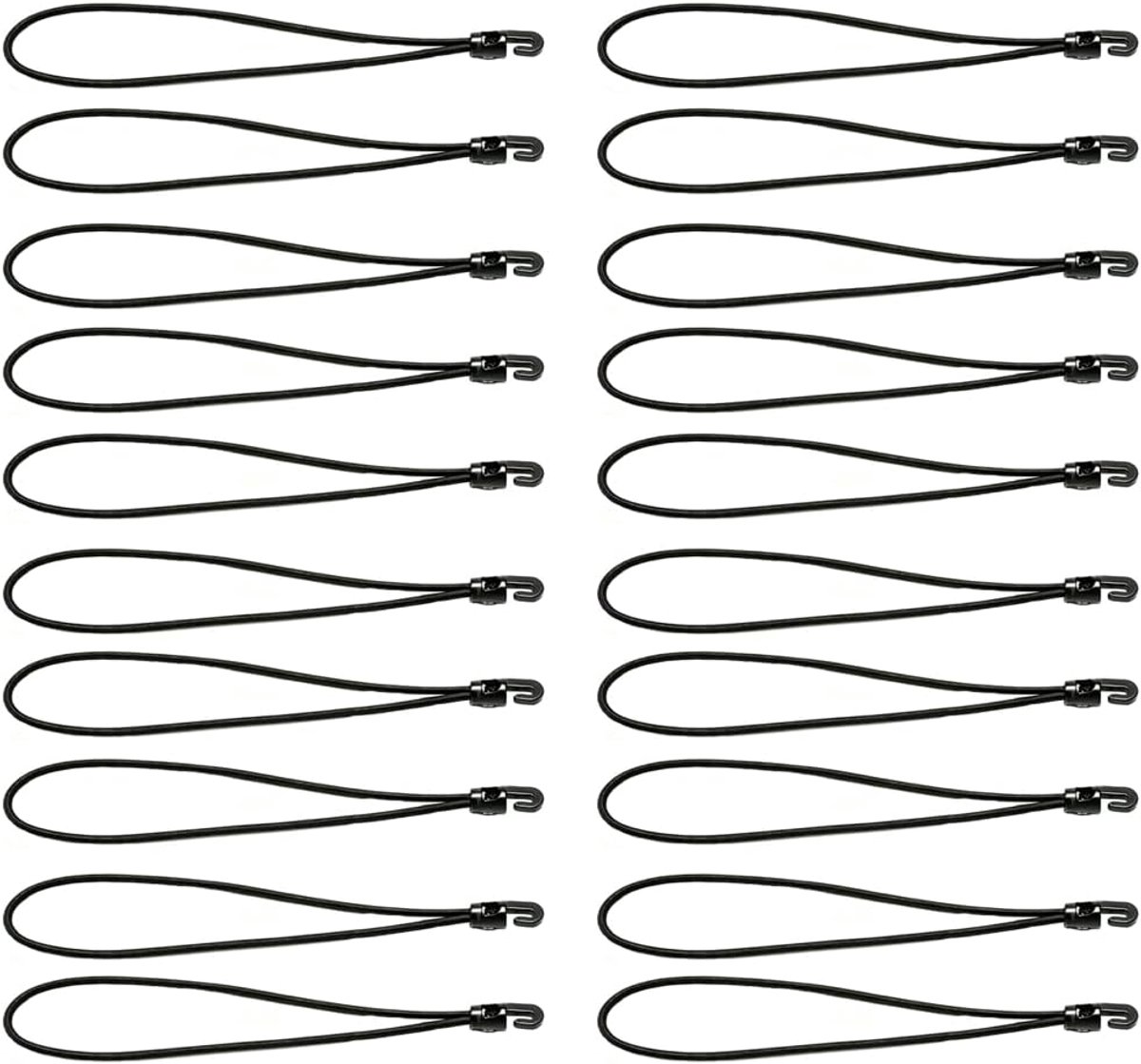SnelShoppen - Pack van 20 Elastische Straps met Haken 10 cm, Zwart, Robuuste Sandow voor Tent, Banner, Gazebo, Camping, Tuin, Snelle en Betrouwbare Be