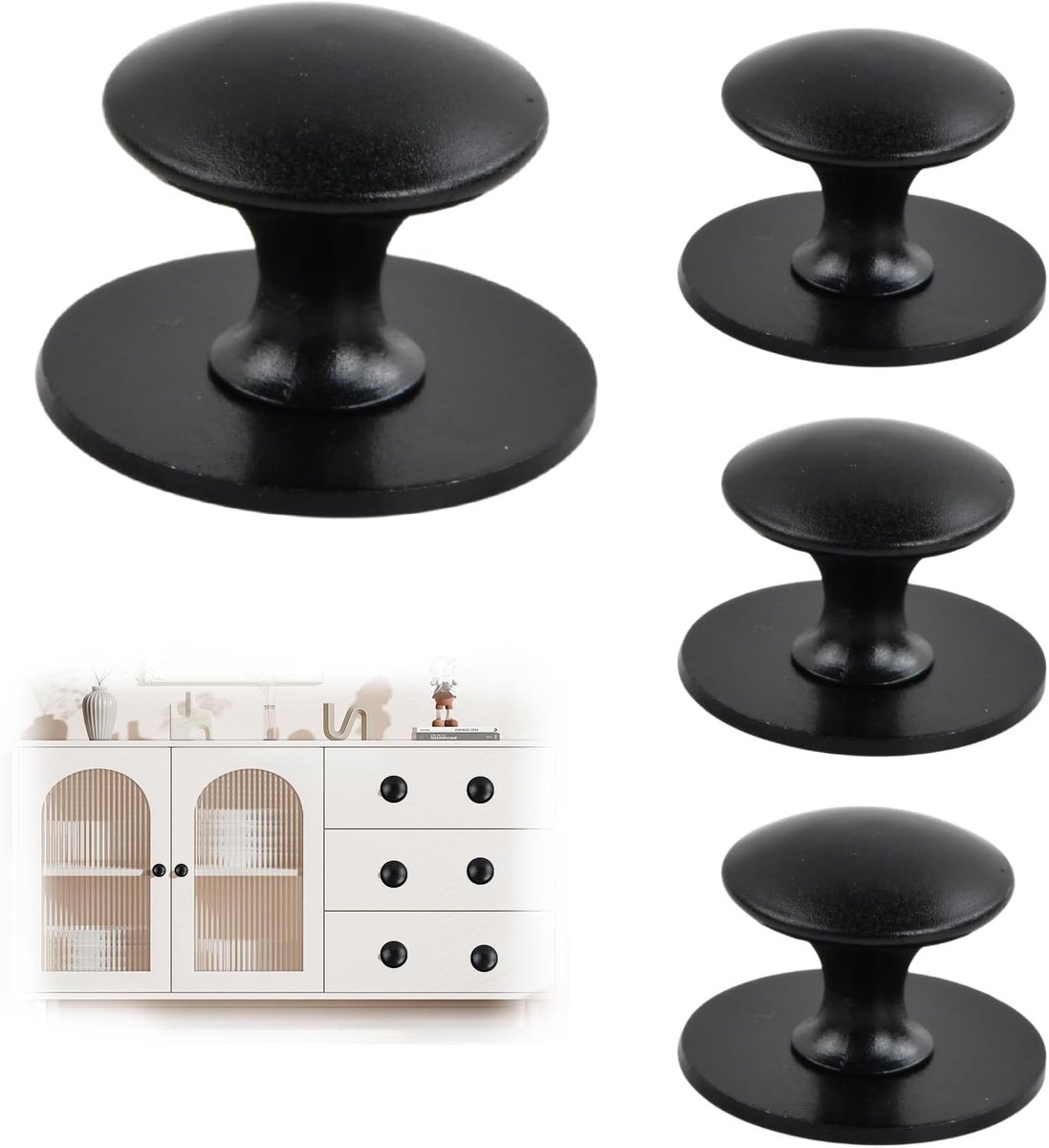SnelShoppen - Pack van 4 zelfklevende meubelknoppen, zwart, roestvrij staal, ronde kastkno