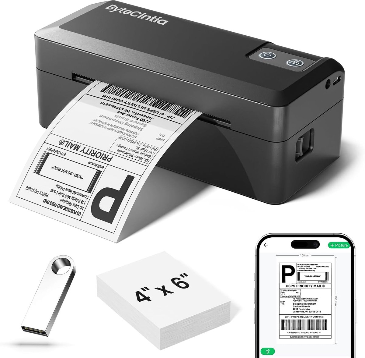 SnelShoppen - Bluetooth Thermische Verzendetiket Printer 4x6, Snelle Labelprinter voor Kleine Ondernemingen, Ondersteunt Android, iOS, Windows & Mac,