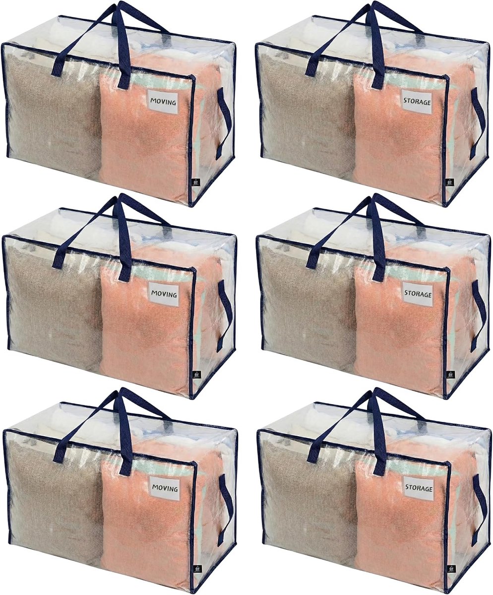 SnelShoppen - Heavy Duty Extra Large Vouwbare Opbergzakken met Rits en Handvatten, Opbergdozen voor Verhuizen, College, Kamperen, Recyclebaar (Zichtba