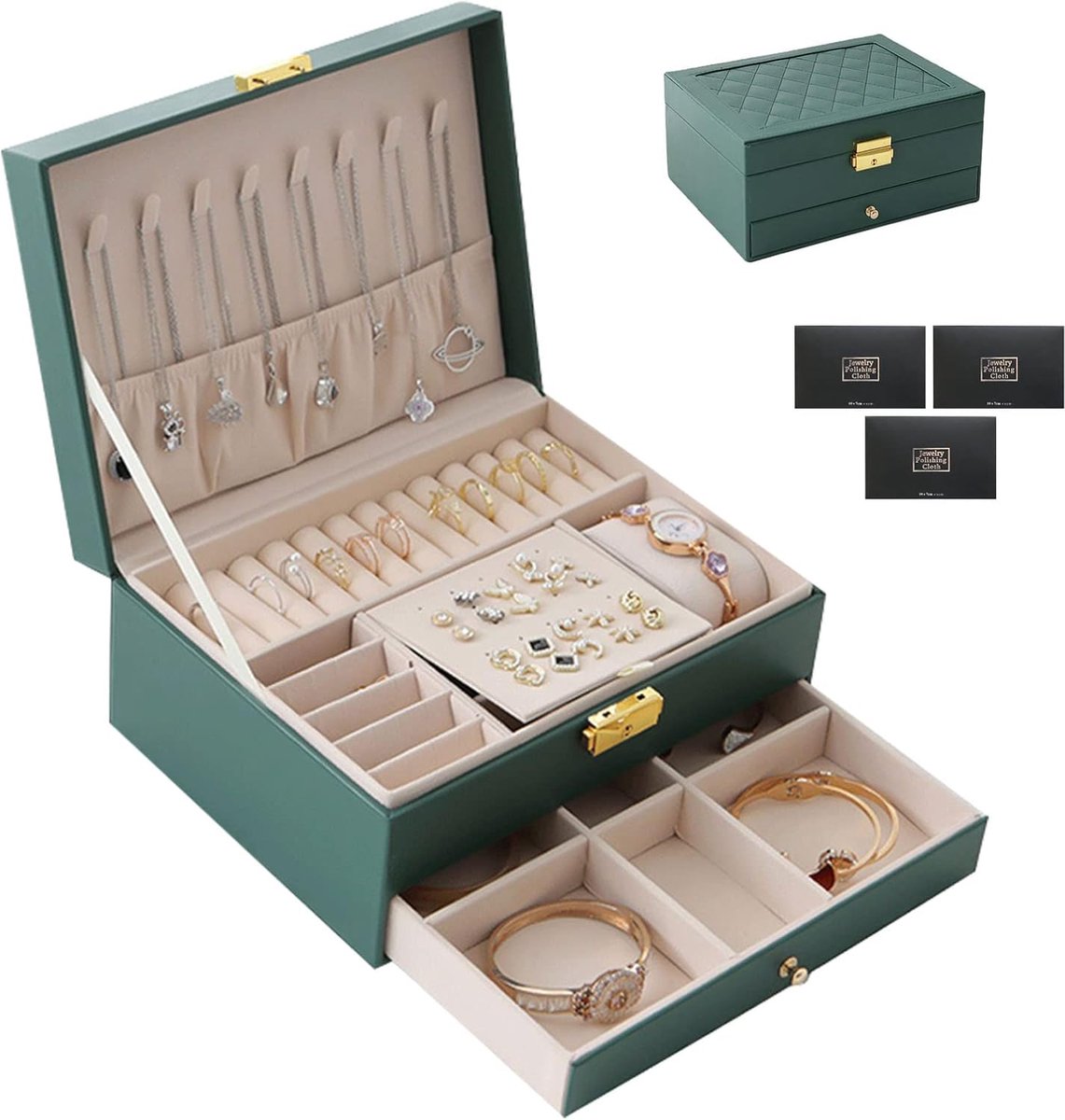 SnelShoppen - Luxe 2-Tier Sieradenbox voor Vrouwen - Reistasje voor Ringen en Oorbellen - PU Lederen Juwelendoos met Slot en Sleutels - Groene Kleur v