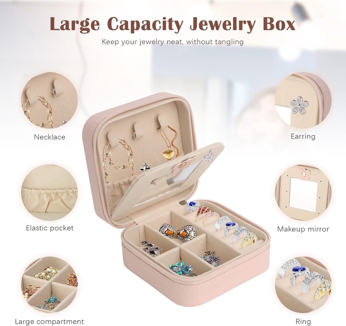 SnelShoppen - Travel Jewelry Box - Kleine Sieraden Opbergdoos voor Vrouwen en Meisjes - PU Leer met Spiegel - Sieradenopberger voor Oorbellen, Ringen,