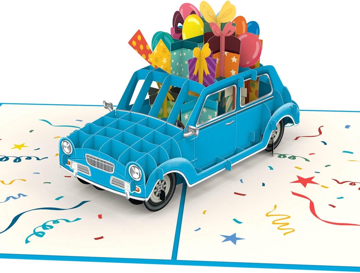 SnelShoppen - Papercrush Pop-up Kaart Verjaardag Auto (Blauw) - Grappige 3D Verjaardagskaart voor Vrouw, Man, Vriend en Kinderen (Meisjes en Jongens),