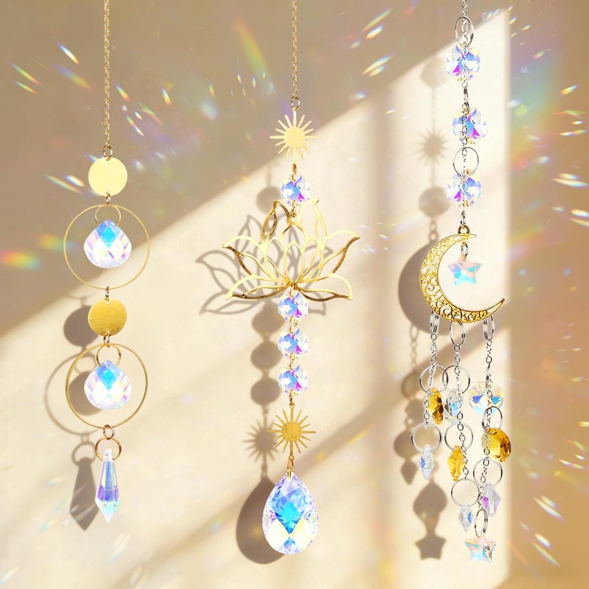 SnelShoppen - Set van 3 Kristallen Wind Bubbels Lotus Bloem Maan Ster Raamdecoratie met Kristal Prism Rainbow Zonneschijn Vanger voor Thuis en Kantoor