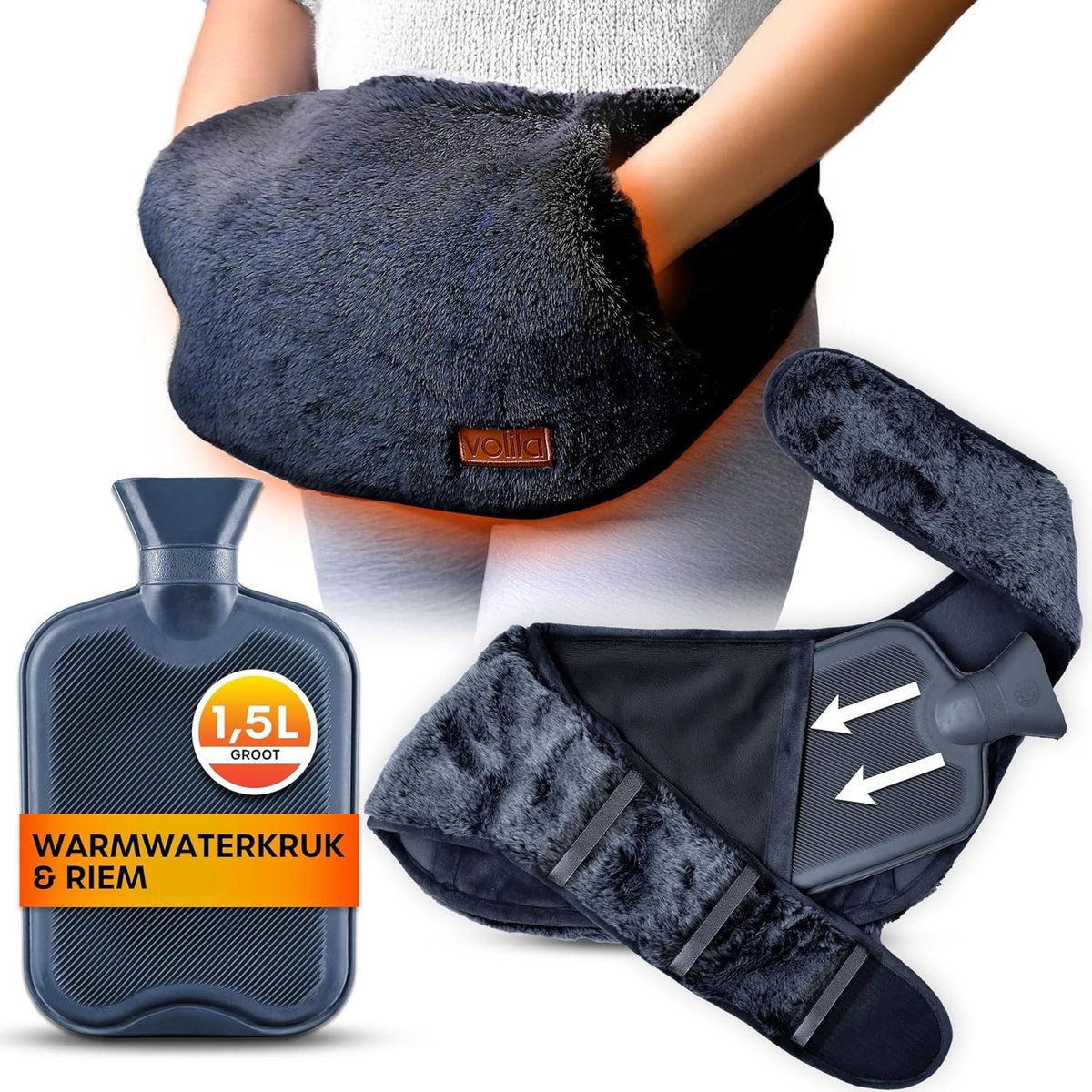 SnelShoppen - Draagbare Warmwaterkruik met Band, 1.5L Zachte Verwarmingskussen voor Menstruatiepijn, Rugpijn en Krampen - Verstelbaar en Wasbaar (Zwar