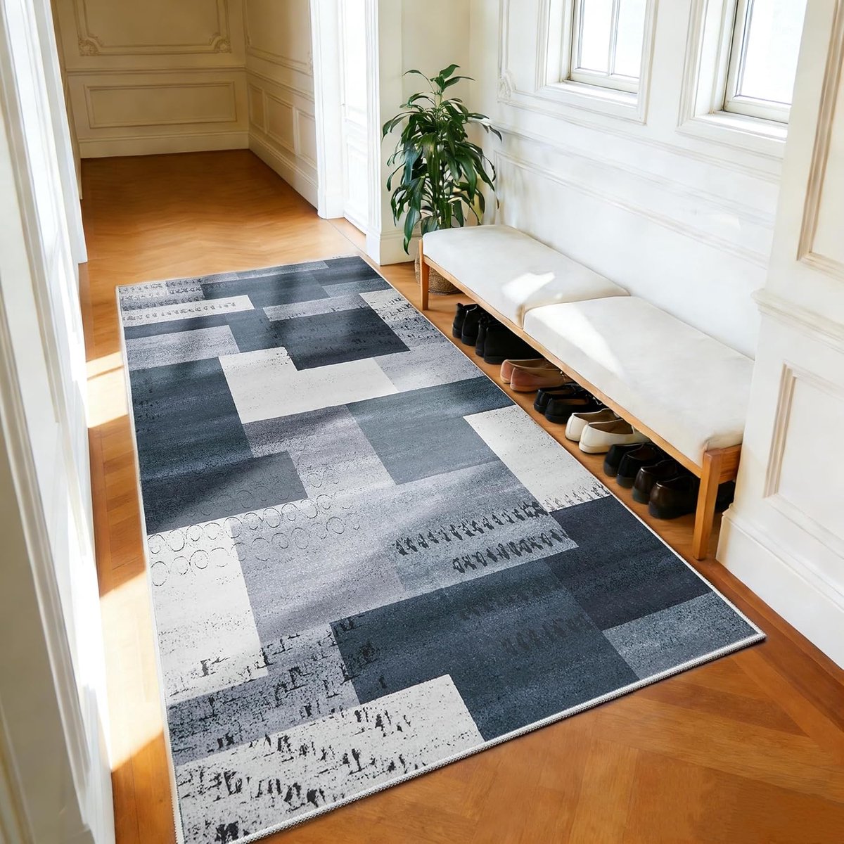 SnelShoppen - Moderne Geometrische Vloerkleed 80x150 cm - Wasbaar Korte Pool Grijs Blauw - Antislip Woonkamer Tapijt voor Slaapkamer en Kinderkamer