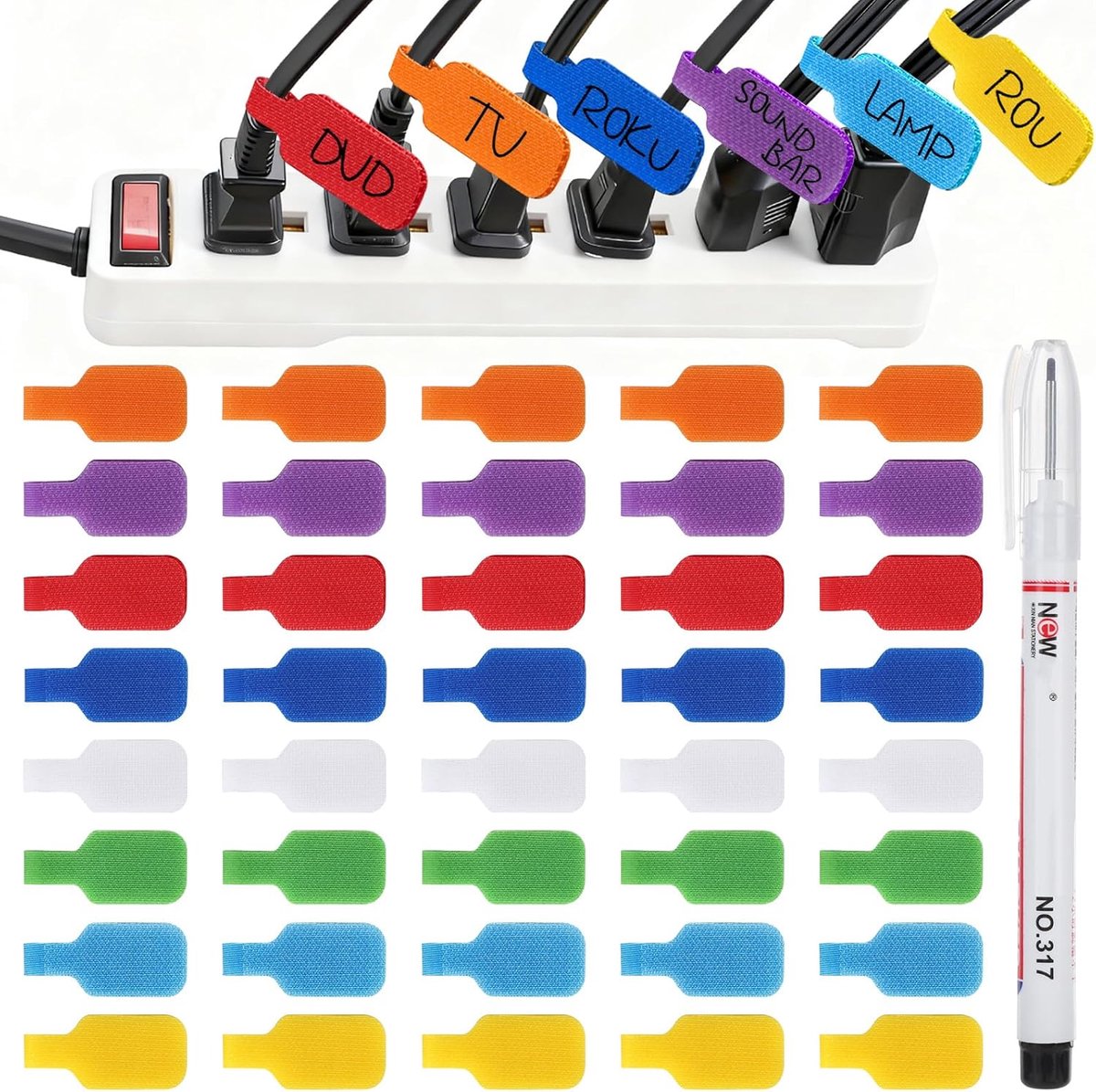 SnelShoppen - 40 Pcs Nylon Kabel Labels Zelfklevend Herbruikbaar Kabel Lettering Clip Multicolor Kabel Marker met Marker Pen voor Kabel Identificatie