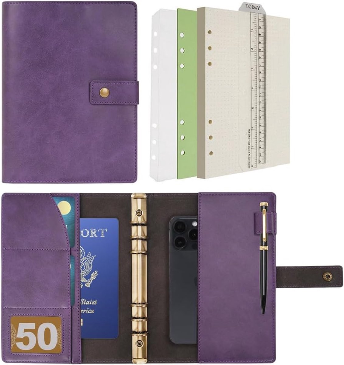 SnelShoppen - Luxe Refillable Notebook A5 - Echt Leer Spiral Folder Dagboek met Dotted Grid Papier, Binnenzakken, Paars - Perfect voor Werk, Reizen en