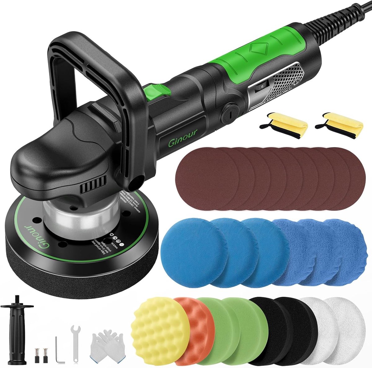 SnelShoppen - 900W Eccentrische Polijstmachine voor Auto Detailing, 6 Variabele Snelheden (2000–6400 OPM), 150 mm / 6 inch Polijstschijf met D-handvat