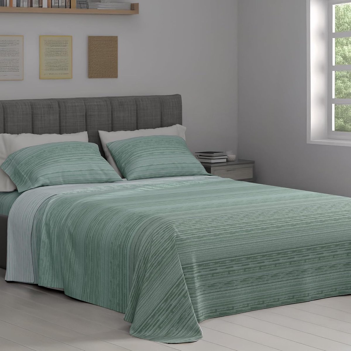 SnelShoppen - Dubbel Bed Laken Set 100% Katoen 180x200 cm met Hoeslaken, Flat Sheet en 2 Kussenslopen, Made in Italy, Padel Green Patroon