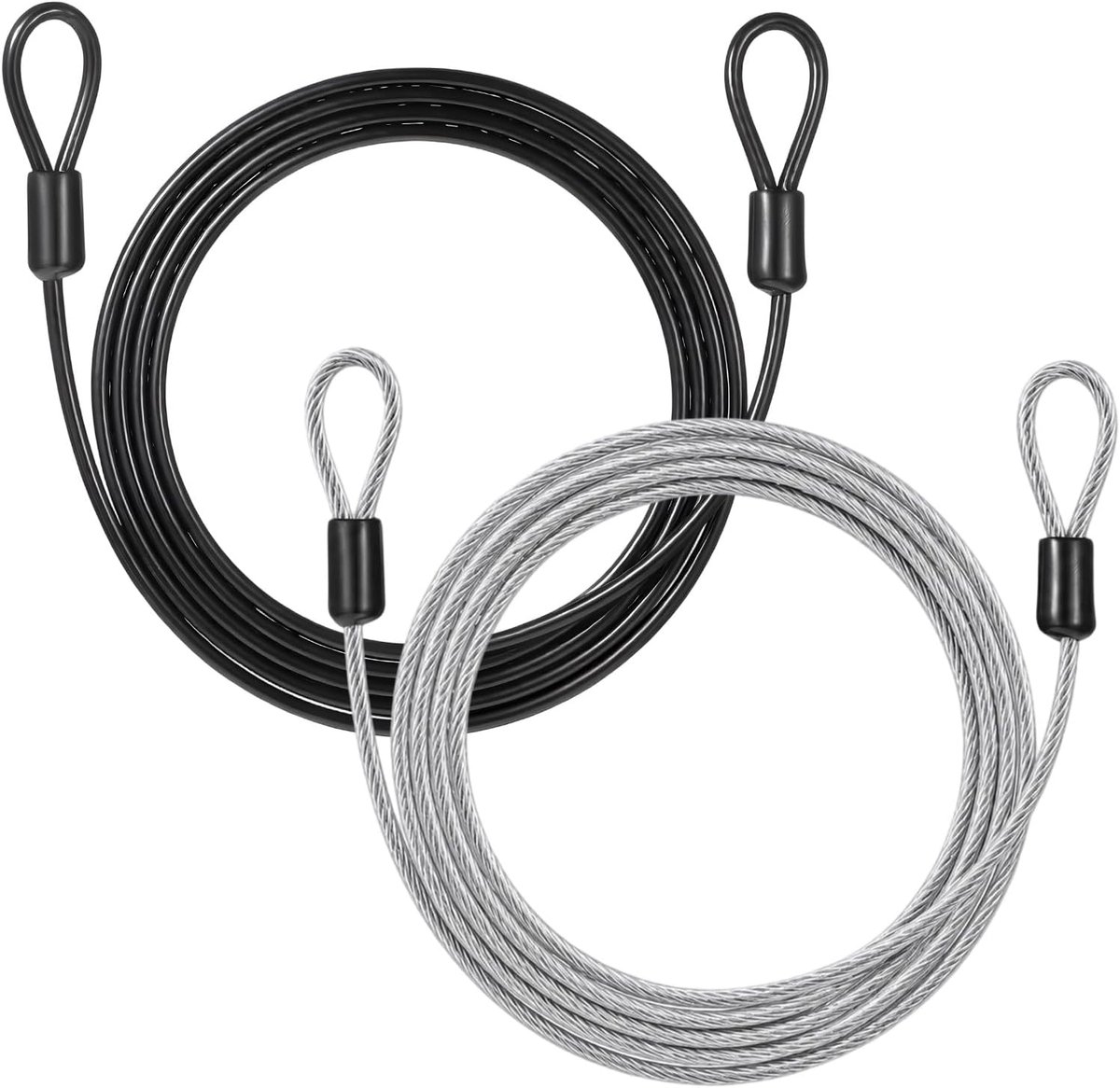 SnelShoppen - Pack of 2 Veiligheidscables met Oogjes, Transparant en Zwart, 2m Loop Touw, Stalen Kabel met Plastic Coating voor Fiets, Motor, Tuinmeub