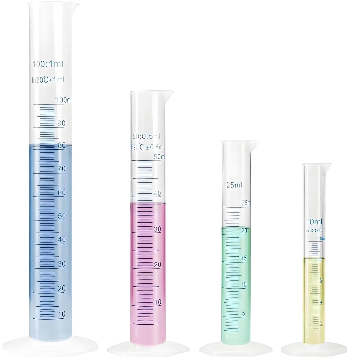 SnelShoppen - Pack van 4 Meetcilinders, Transparante Plastic Maatbeker 100ml, Laboratorium Meetgereedschap, 10ml 25ml 50ml, Ideaal voor Experimenten e