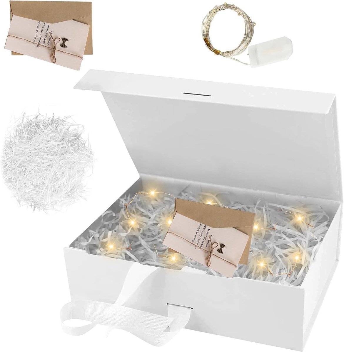 SnelShoppen - Gift Box met Deksel, Strik, Raffia Mand, Wenskaarten, Magnetische LED Lamp voor Verjaardag, Bruiloft, Valentijnsdag, 21x17x7 cm