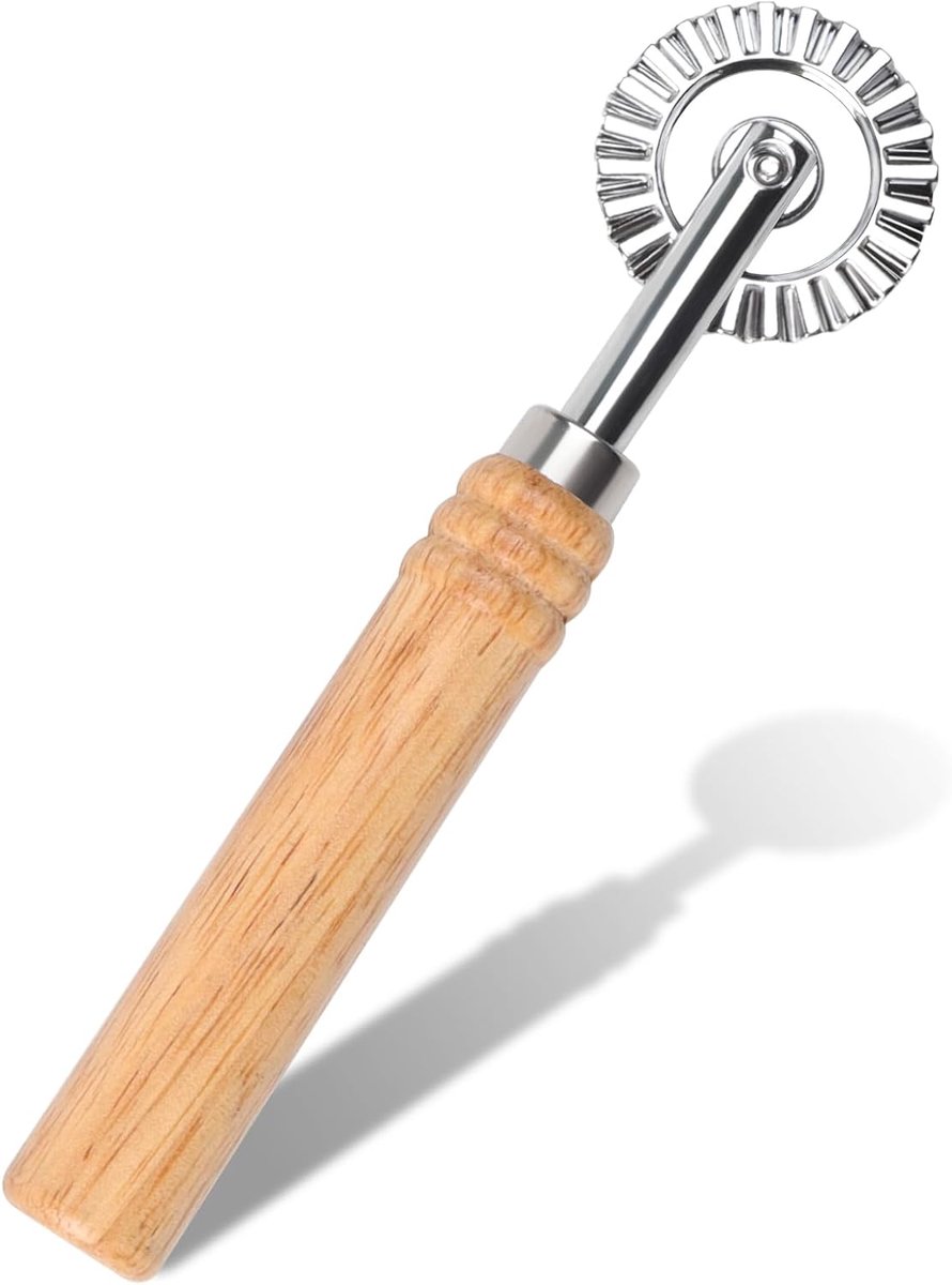 SnelShoppen - RVS Deegroller met Golfrand en Kartelmes, Houten Handvat, Perfect voor Ravioli en Pasta in de Keuken