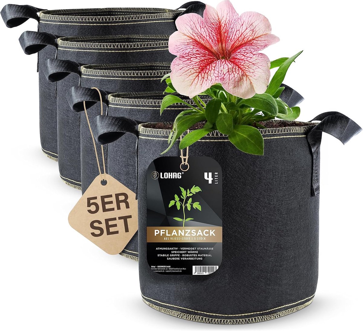 SnelShoppen - Planting bag 5-pack van niet-geweven stof - 1 gallon (4 liter) - Ideaal voor aardappelen, tuinplanten en groenteteelt - Ademend en water