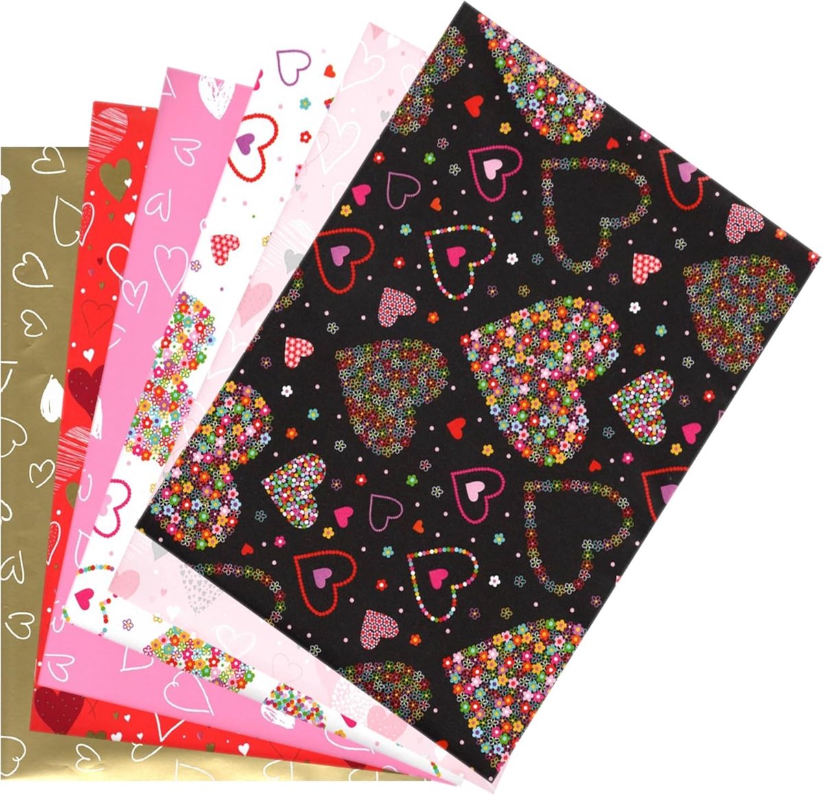 SnelShoppen - Cadeaupapier Set 6 Vellen 90x65 cm Hartjes Design Rood Wit Zwart Roze Goud voor Valentijnsdag Verjaardag Feest