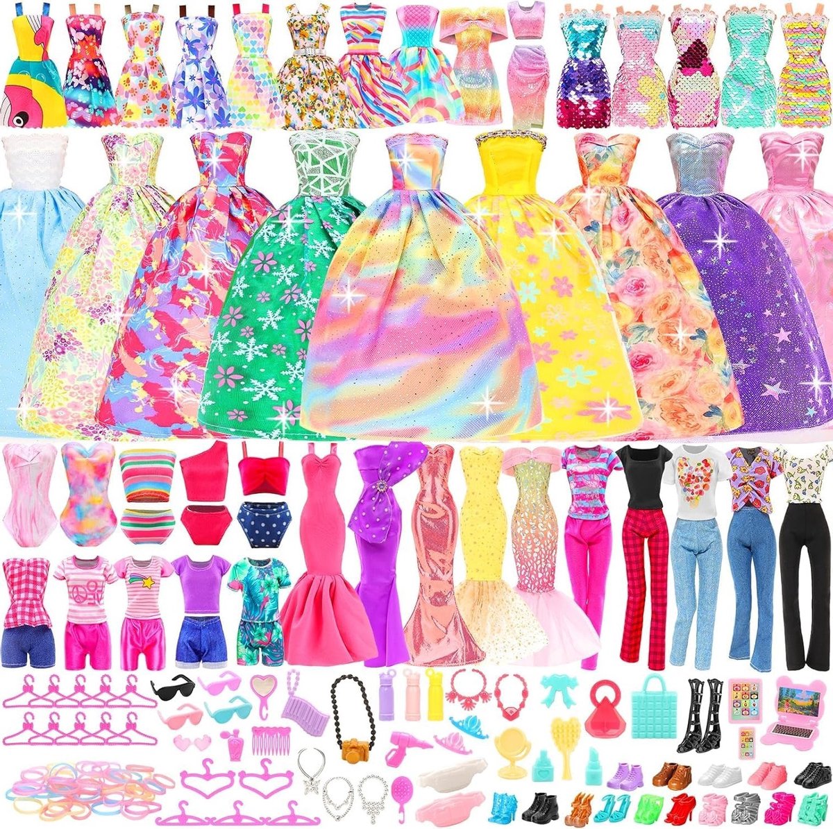 Complete set met 82 stuks poppenaccessoires, 5 avondjurken, 3 outfits, 8 jurken, 2 badpakken en 15 schoenen voor poppen van 30 cm, perfect voor creatief spel en verzamelen