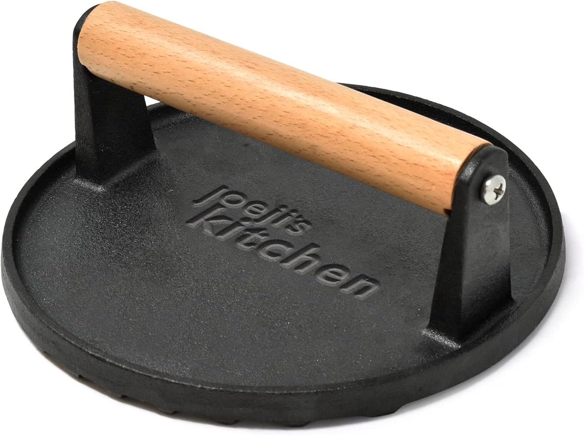SnelShoppen - Cast Iron Burger Press met Non-Stick Coating, Zware Kwaliteit met Houten Handvat, Ribbel Grillpers voor Perfecte Grillstrepen, Ideaal vo