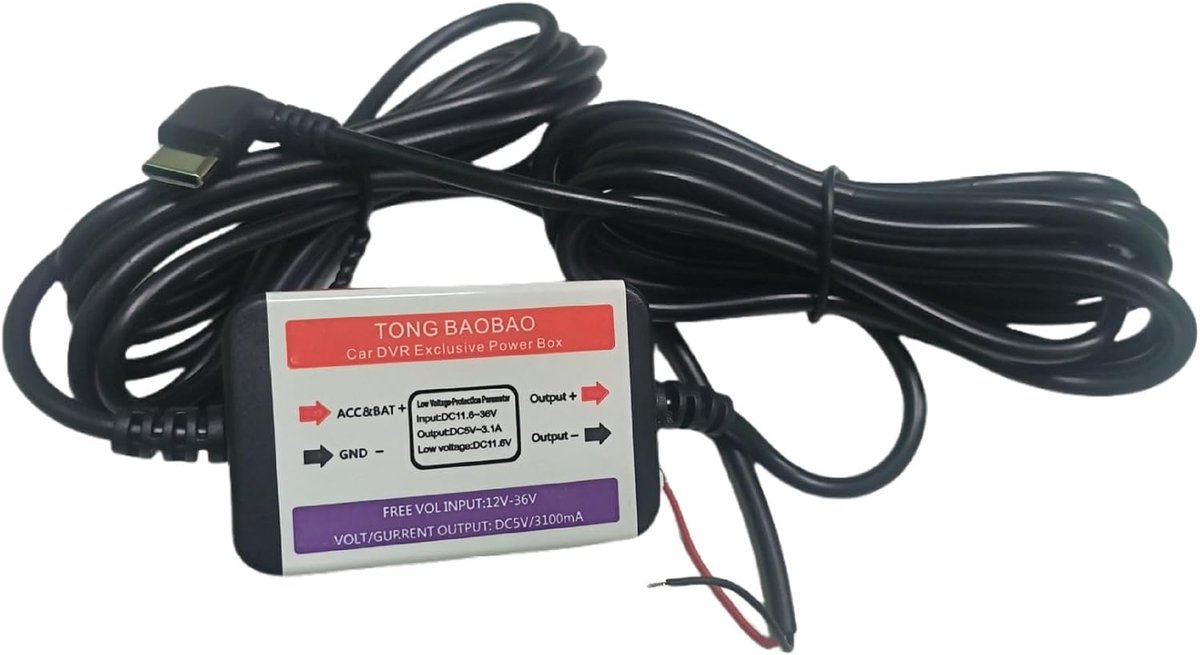 SnelShoppen - Dashcam 350 cm Hardwire Kit | 12V-24V naar 5V/3,1A Oplader voor Dashboard Camera Auto Stroomkabel Type C