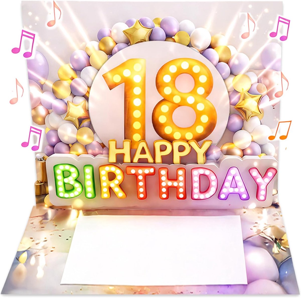 SnelShoppen - JoliCoon Verjaardagskaart 18 met Muziek en Licht - 3D Pop-Up Kaart voor Meisje - Lichteffect - Inclusief Envelop en Zegelsticker - 20x15