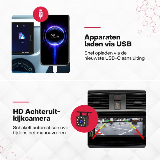 Opladen van apparaten via USB en een HD achteruitrijcamera met parkeerlijnen, getoond op een autoradio.