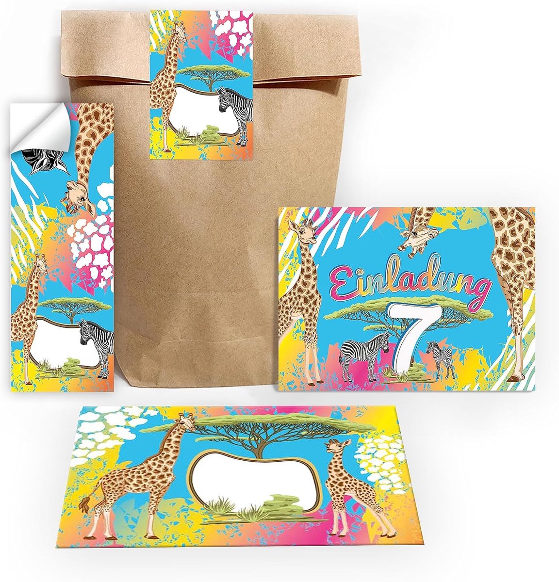 SnelShoppen - 12 Safari Uitnodigingen voor 7e Verjaardag - Giraffe, Zebra, Paard - Inclusief 12 Enveloppen, 12 Cadeautassen, 12 Stickers - Perfect voo