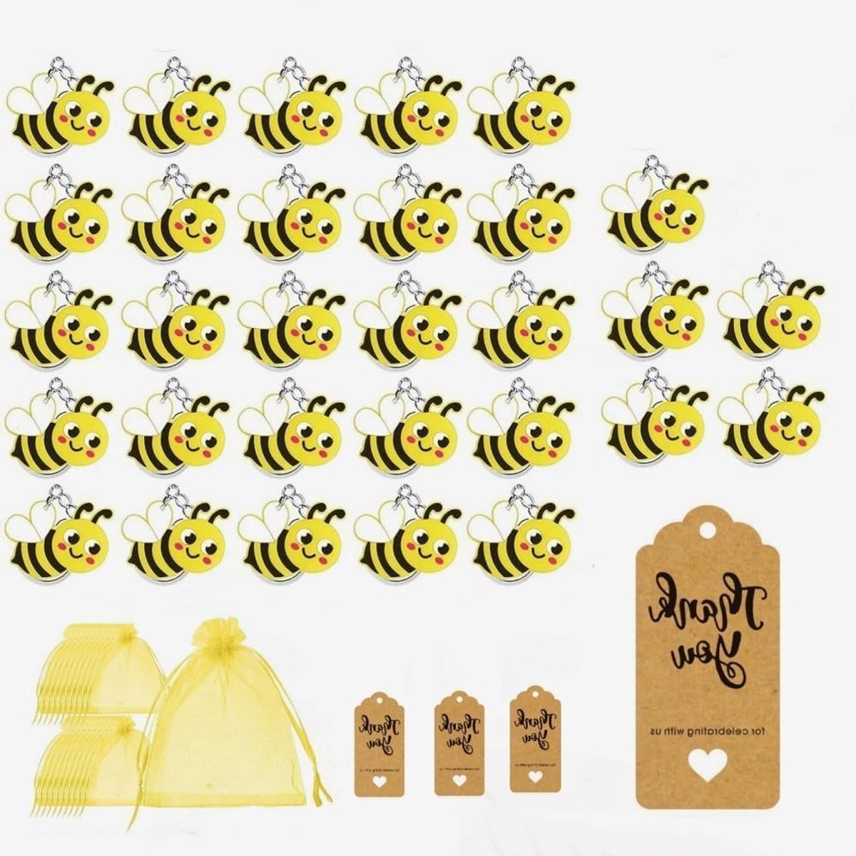 Mini Sleutelhangers Set van 30 Stuks, Bijen Sleutelhangers met Kraft Papier Pendant en Gele Organza Tas, Dierlijke Cadeaus voor Kinderen en Volwassenen