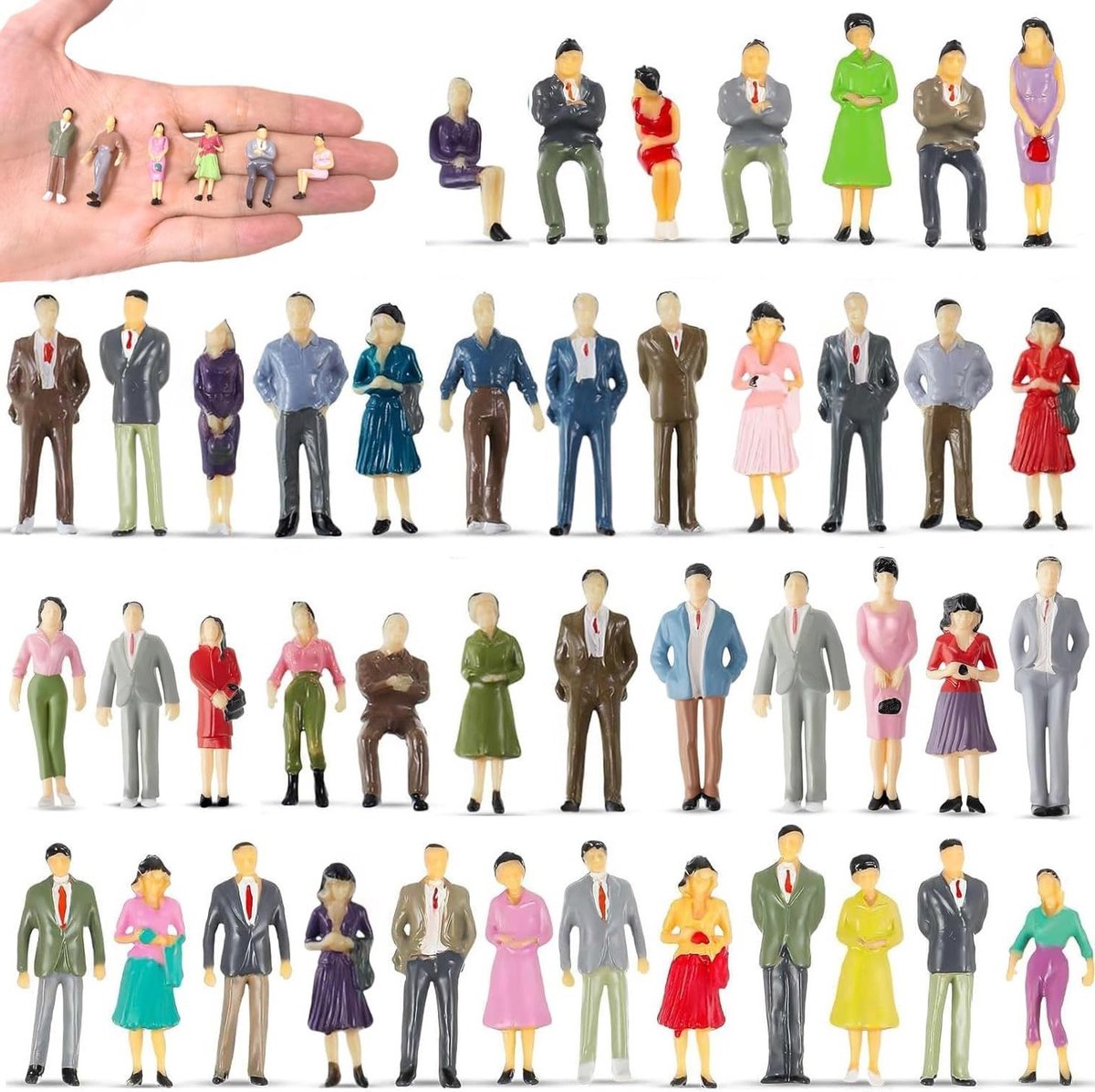50 stuks meerkleurige mensenfiguren 1:50 voor miniatuurscènes, staande en zittende modellen, ideale decoratie voor diorama's en modelbouw