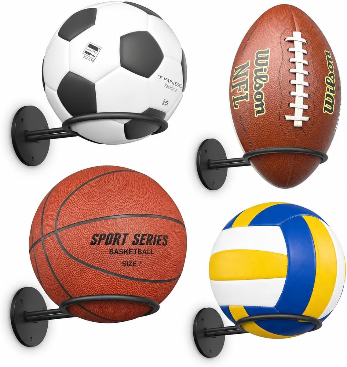 SnelShoppen - Basketbal muurbeugel zwart - baldisplayhouder set van 4 voor jongenskamer decoratie - muurdecoratie sportief