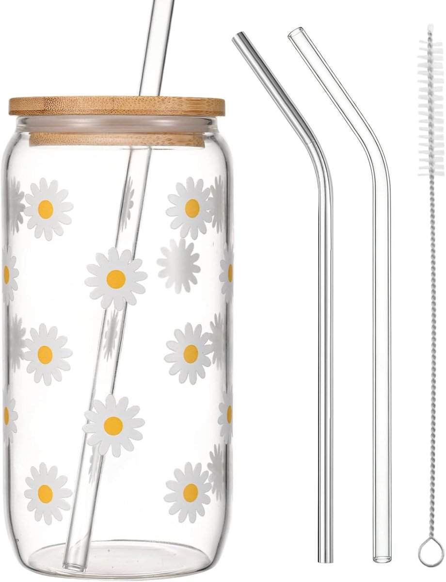 SnelShoppen - Drinkglas met Rietje en Deksel, Glasbeker met Daisy Bloem Design, 16 Oz Iced Coffee en Matcha Cup, Perfect voor Feest, Tuin en Keuken