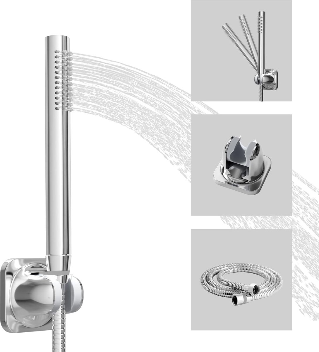 SnelShoppen - Waterbesparende Handdouche - Chroom Douchekop met 1 Spraytype - Massief Messing met Eenvoudig Schoonmaak Rubber Nozzles + Douche Slang +