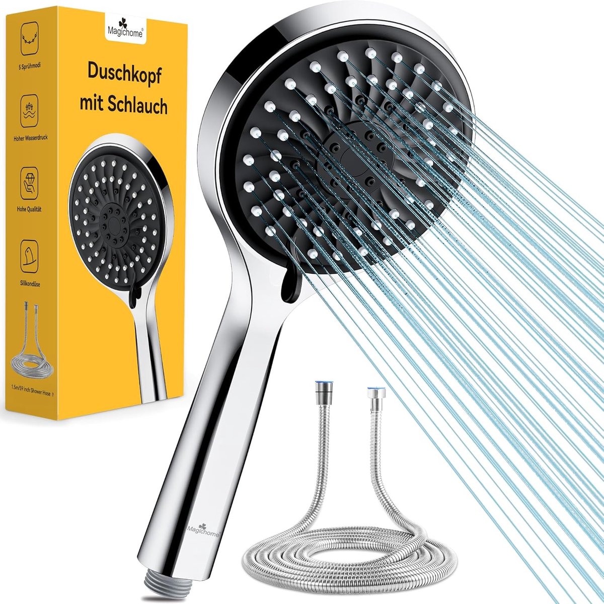 SnelShoppen - Handdouche met Slang 150 cm, Hoge Druk Douchekop, 5 Stralen, Waterbesparend, Zwart, Ideaal voor Thuis en Badkamer