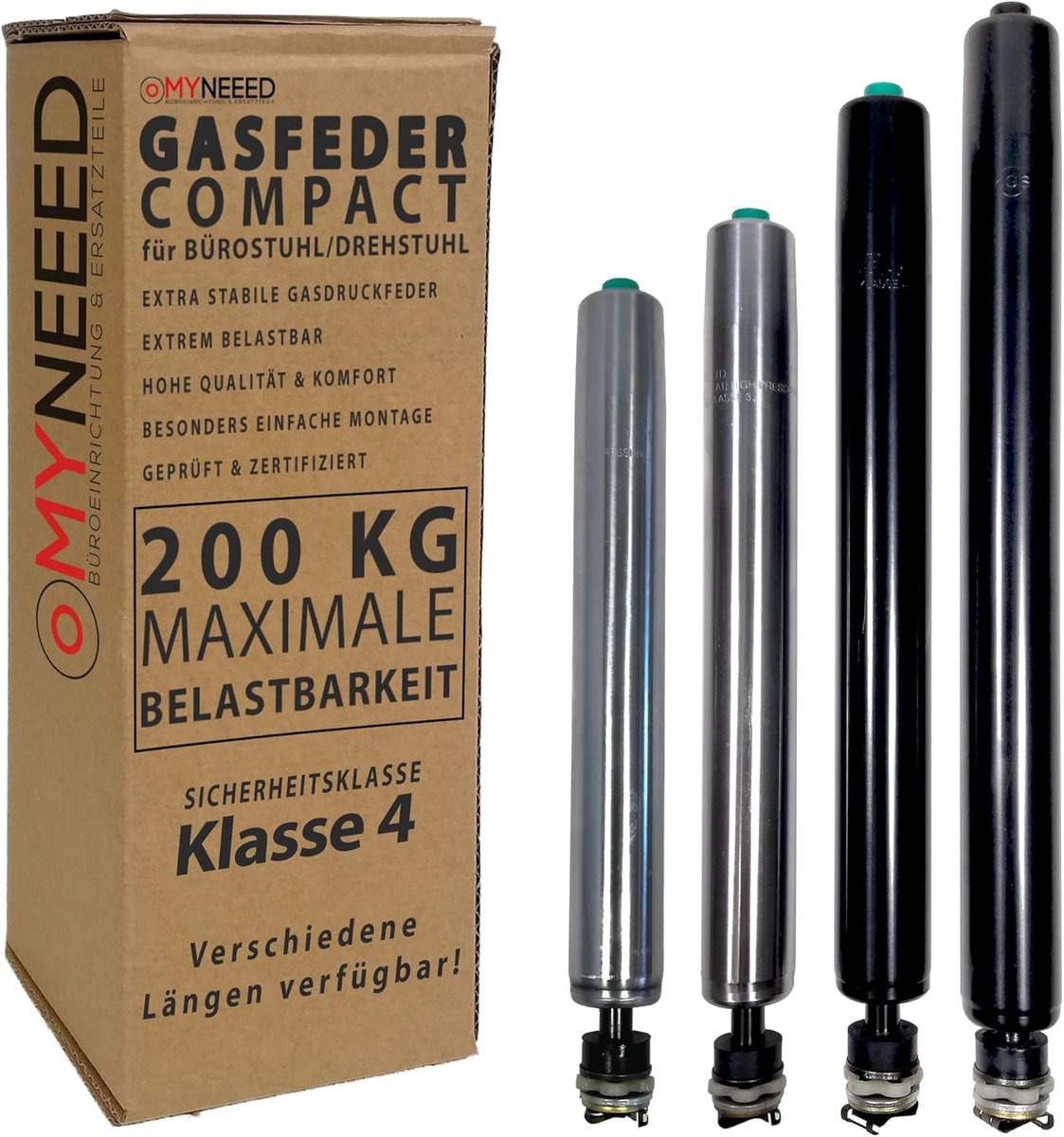 SnelShoppen - Gasveer Kantoorstoel Onderdeel Compact - Vervangende Gasveer tot 200kg voor Draaisteel - Traploos Verstelbare Hoogte - TÜV & GS Gecontro