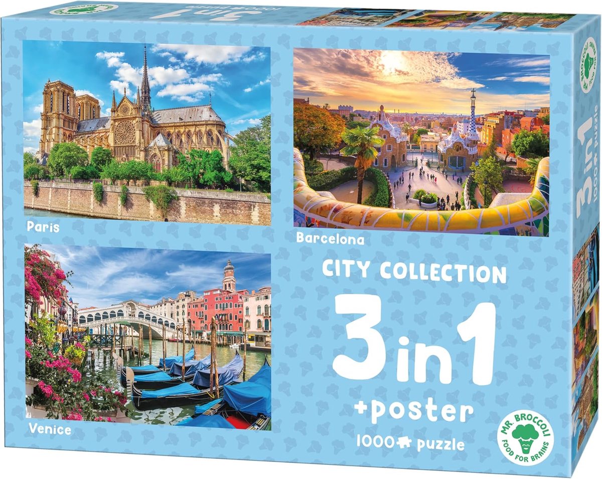 SnelShoppen - 3-in-1 Puzzelset 1000 Stukjes Met Posters - Barcelona, Venetië en Parijs Motieven - Puzzelen voor Volwassenen en Kinderen - Perfect voor