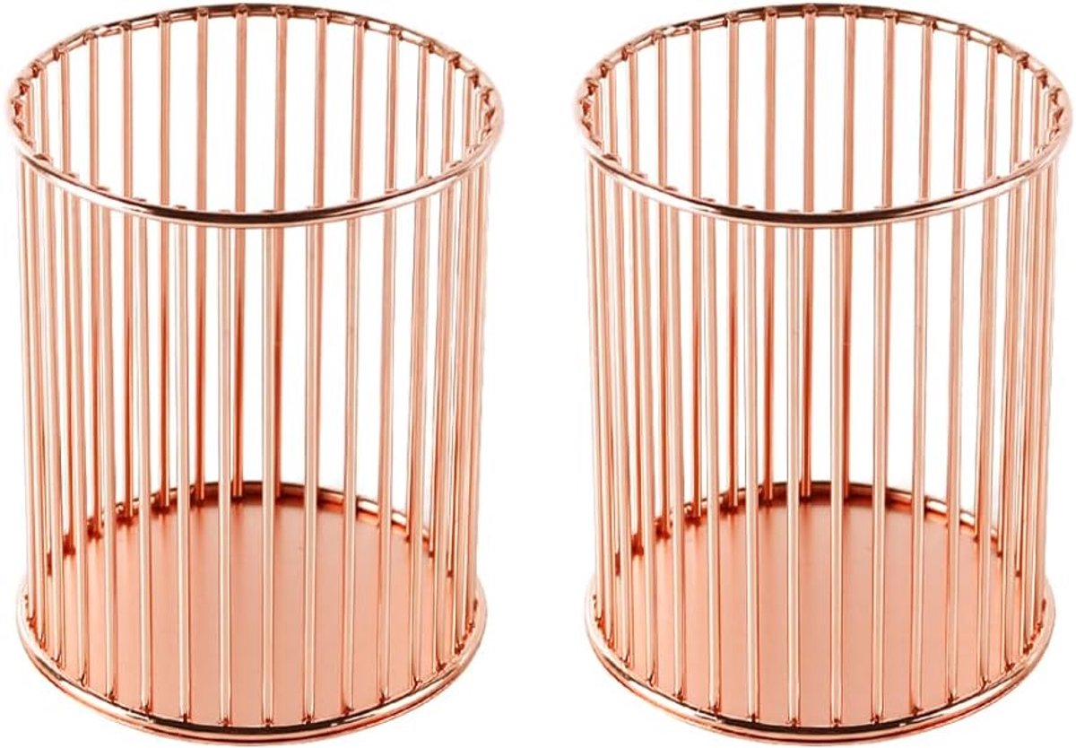 SnelShoppen - 2 Pcs Ronde Pennenhouder van IJzer - Roze Goud - Metalen Opbergmand voor Pennen, Potloden, Makeup Borstels - Duurzaam en Stijlvol